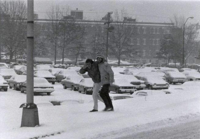 Students walking across campus during the blizzard of 1978