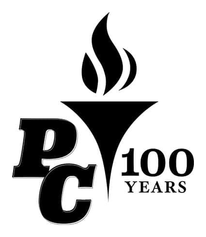 The Providence College Centennial logo- image of a torch, the letters PC and 100 years