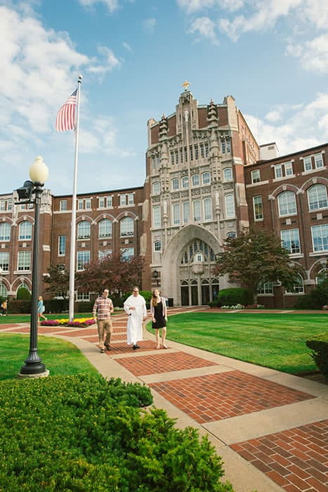 The entrance to Harkins Hall on a sunny day